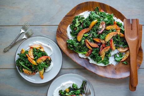 Grilled Kale with Ricotta and Peaches