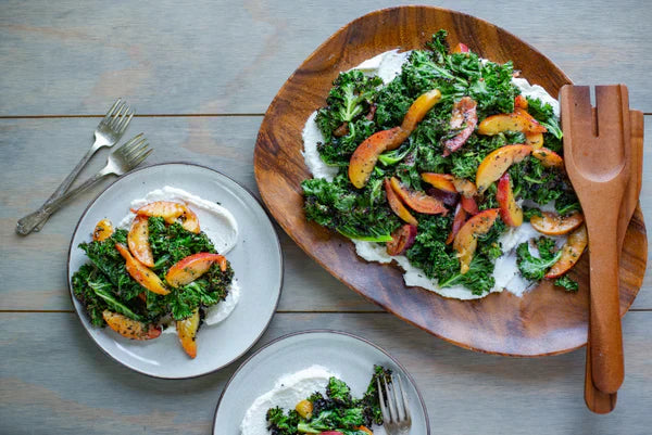 Grilled Kale with Ricotta and Peaches
