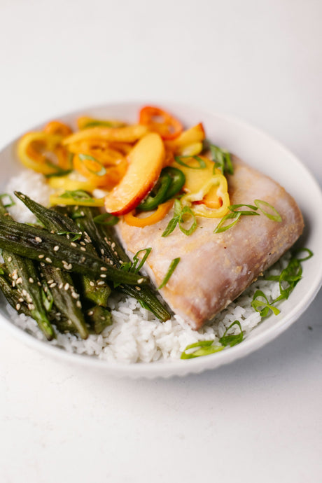 Mahi Rice Bowls with Sesame Okra and Peach Pepper Slaw