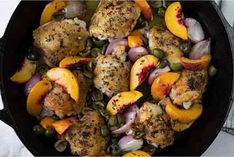 One pan roasted chicken with peaches and shallots
