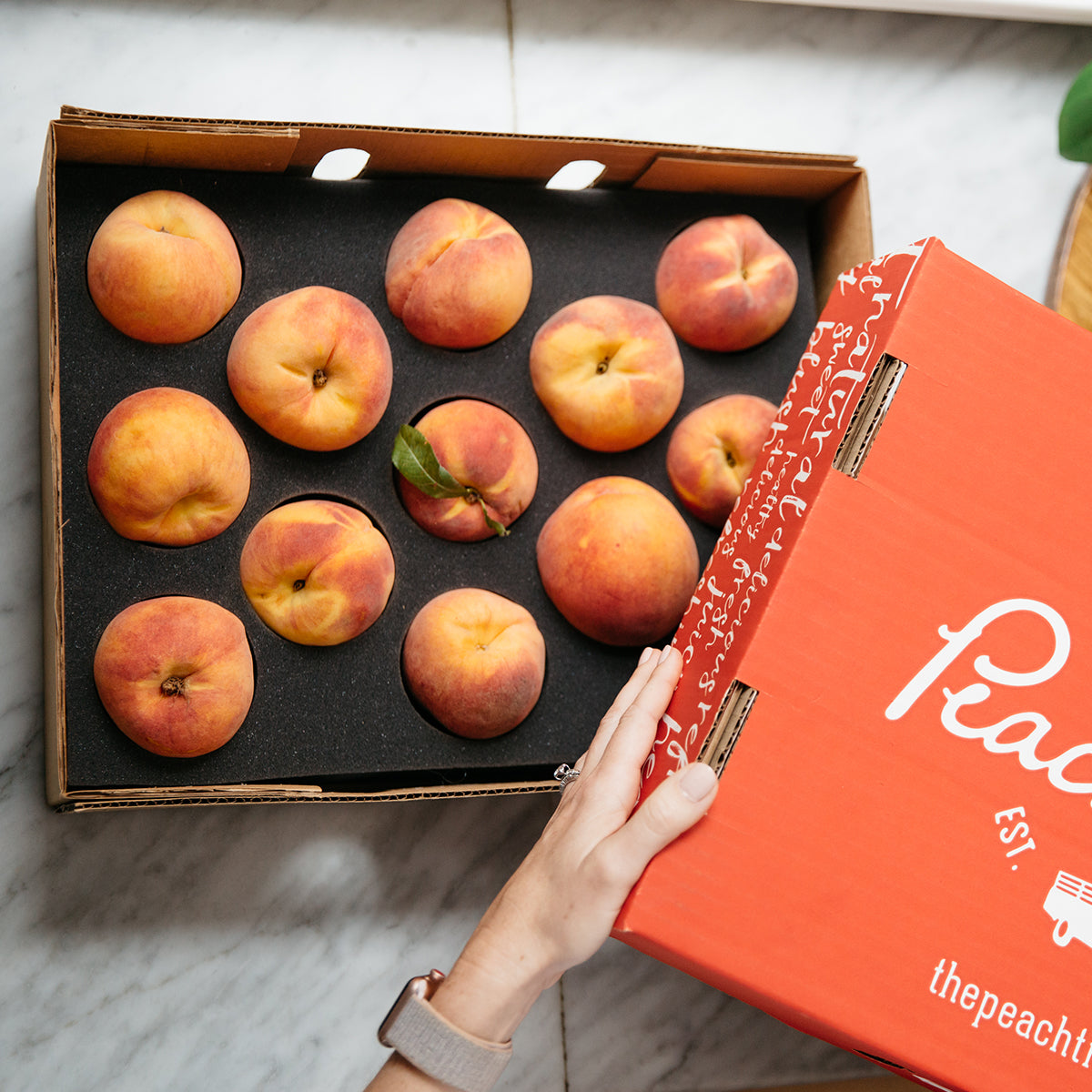 Lid from a box of peaches being removed to show perfectly packed peaches inside
