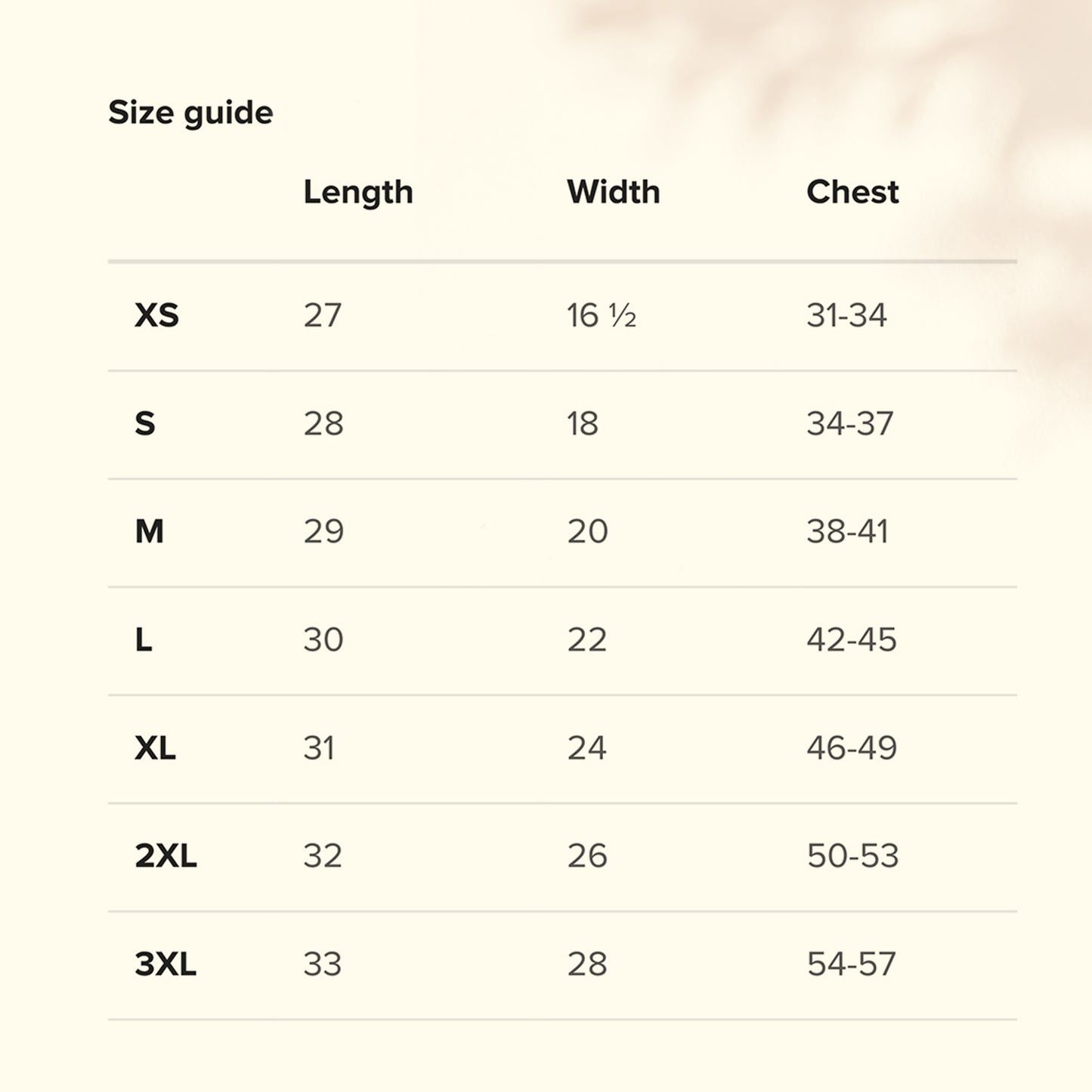 Shirt sizing guide table